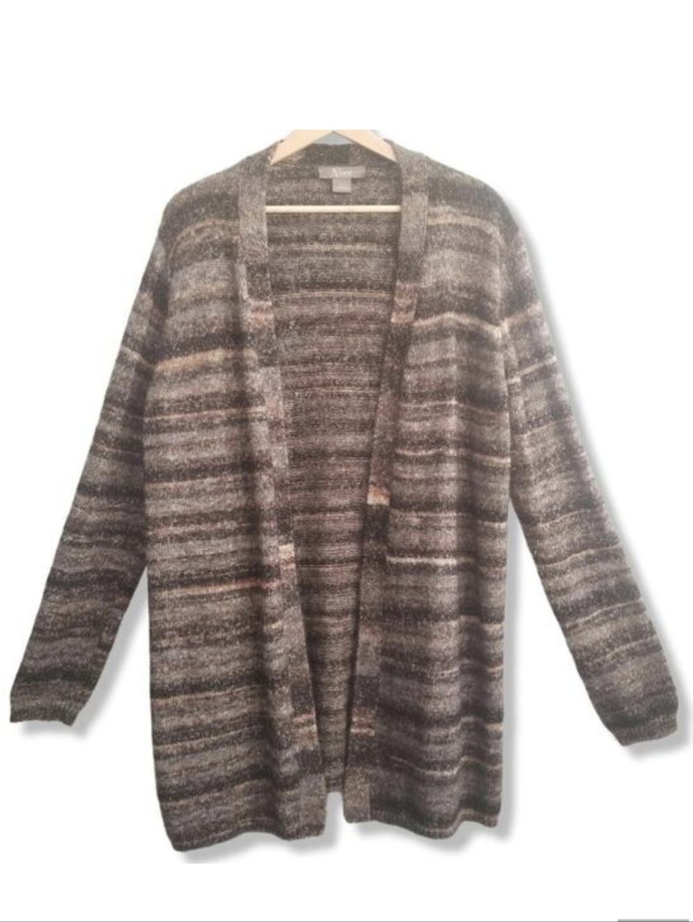 Natural Reflections Long Line Wool Blend Cardigan Sweater Large Gray‎ Tan Multi